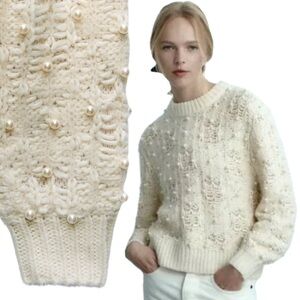 Zara Cream Ecru Knit Woven Crochet Pearl Bead Embellished Oversized Sweater
